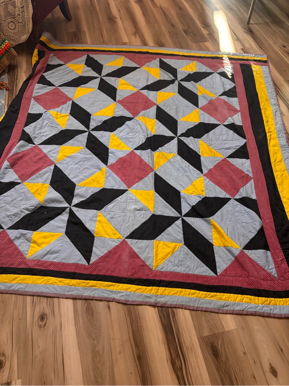 Vintage Handmade Geometric Patchwork Quilt - Yellow, Black, Gray, Red